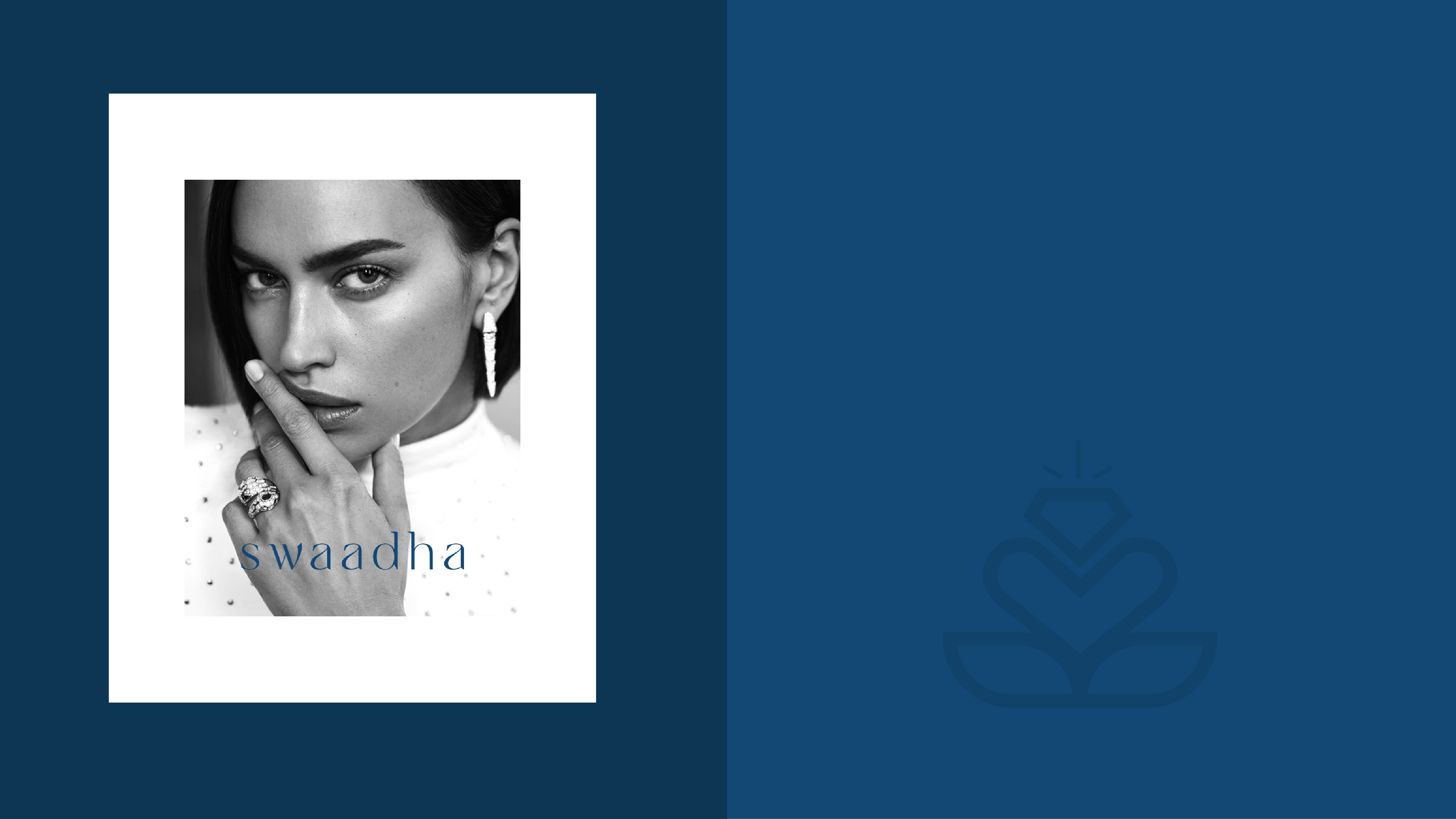 Swaadha campaign layout — portrait in white frame and navy panel with watermark logo