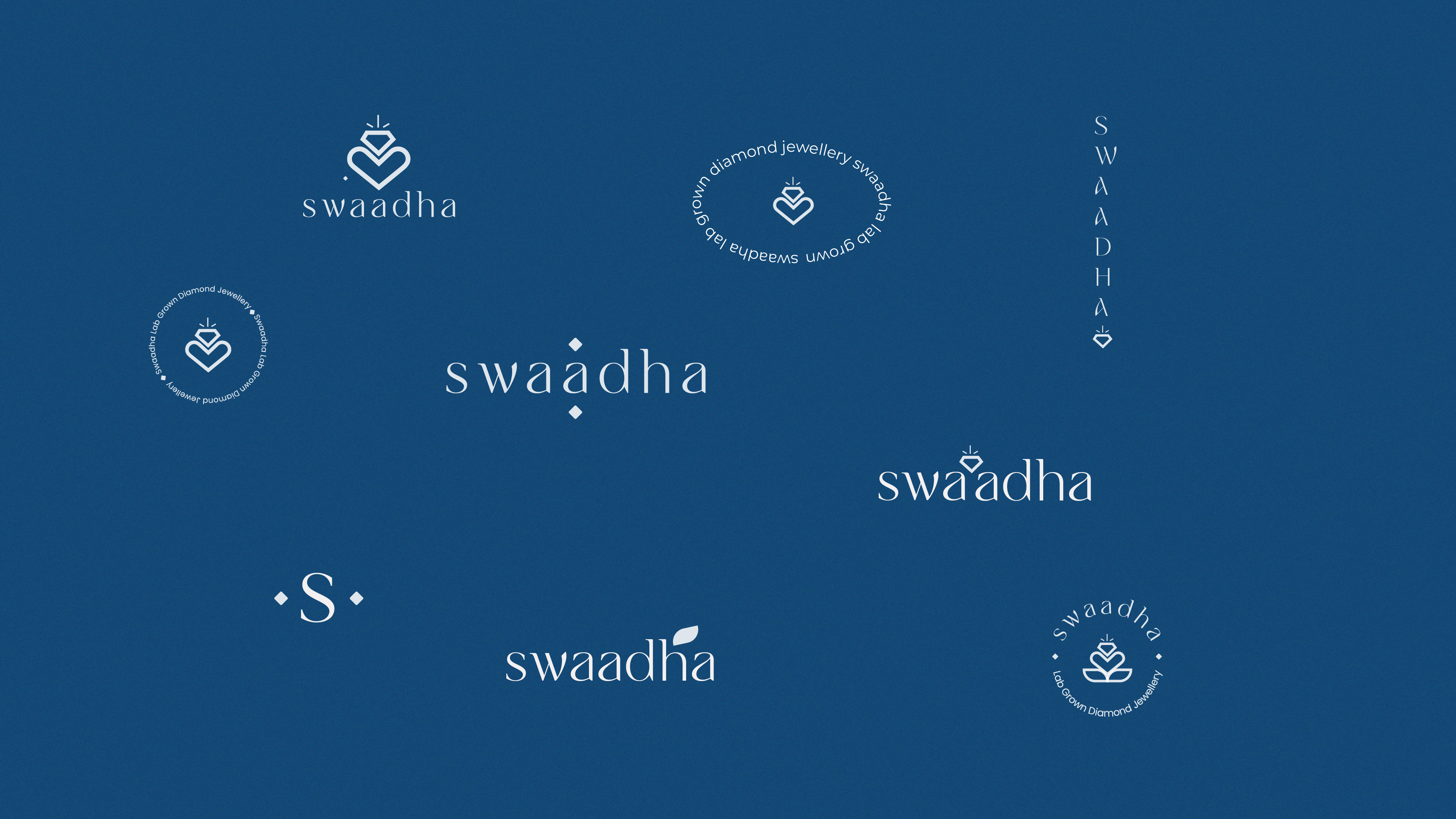 Swaadha logo system — stacked lockup, horizontal wordmark, seals, vertical type, and monogram on navy