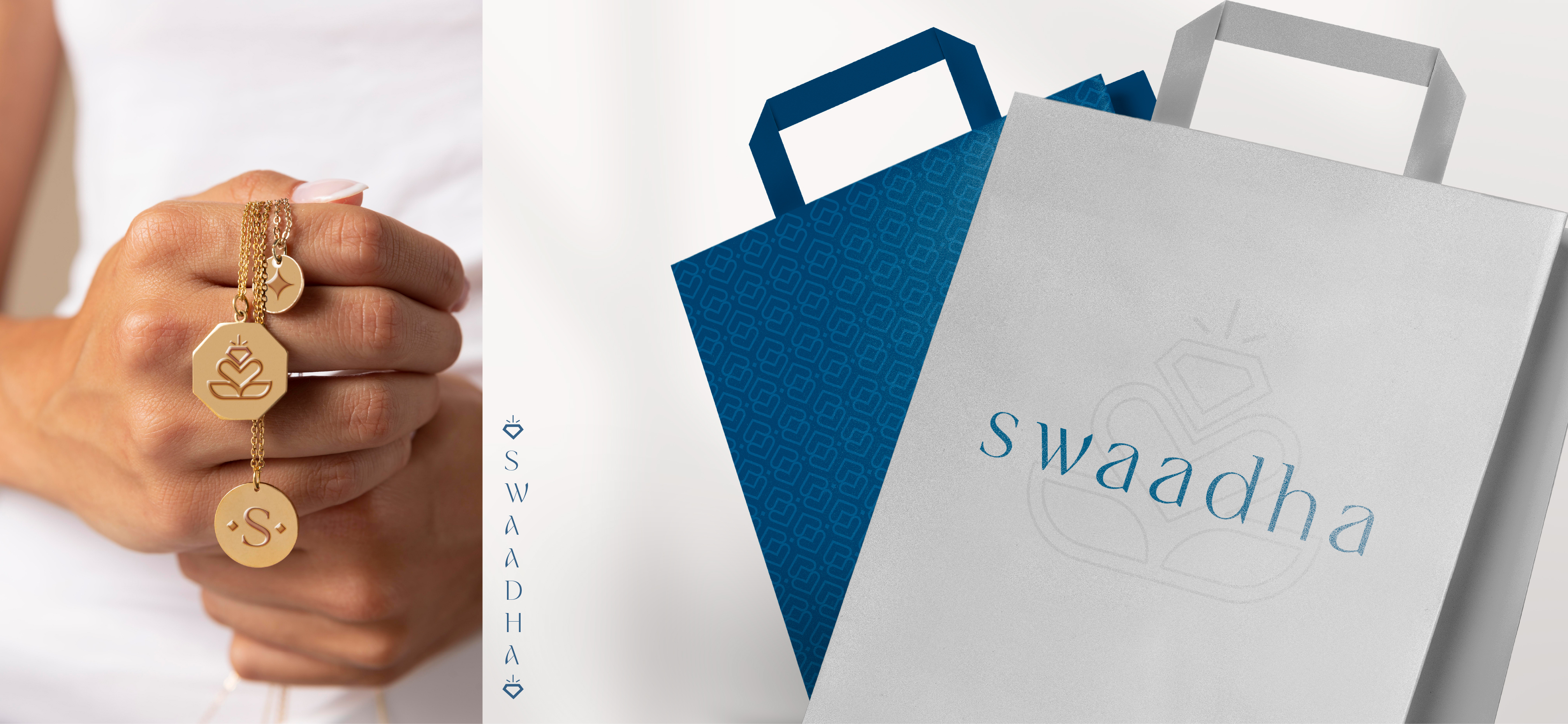Swaadha jewellery on model with pendant charms and branded paper shopping bags
