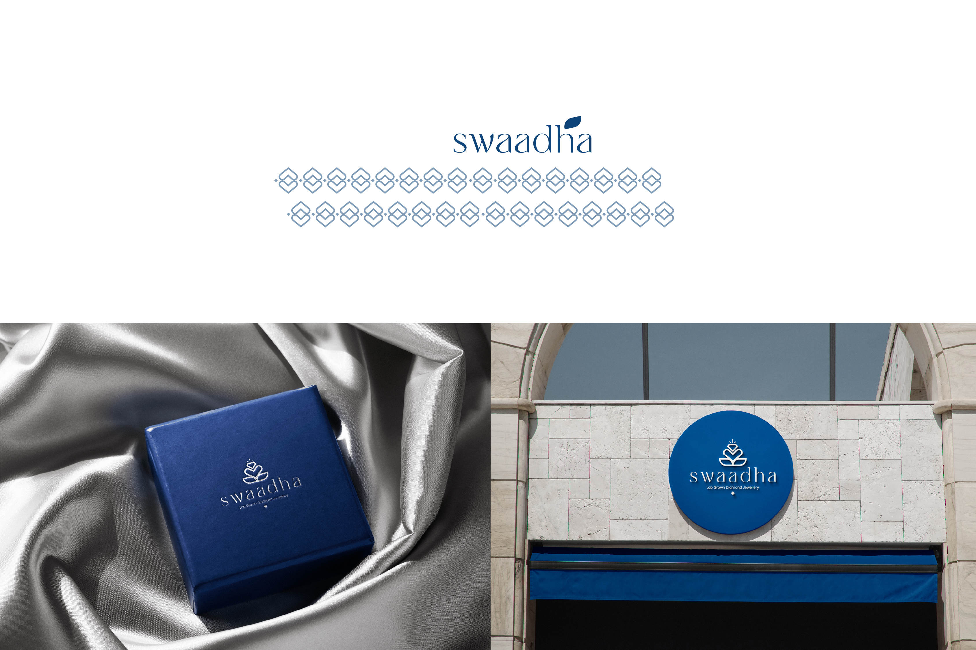Swaadha wordmark pattern, jewellery box on satin, and circular store sign with awning