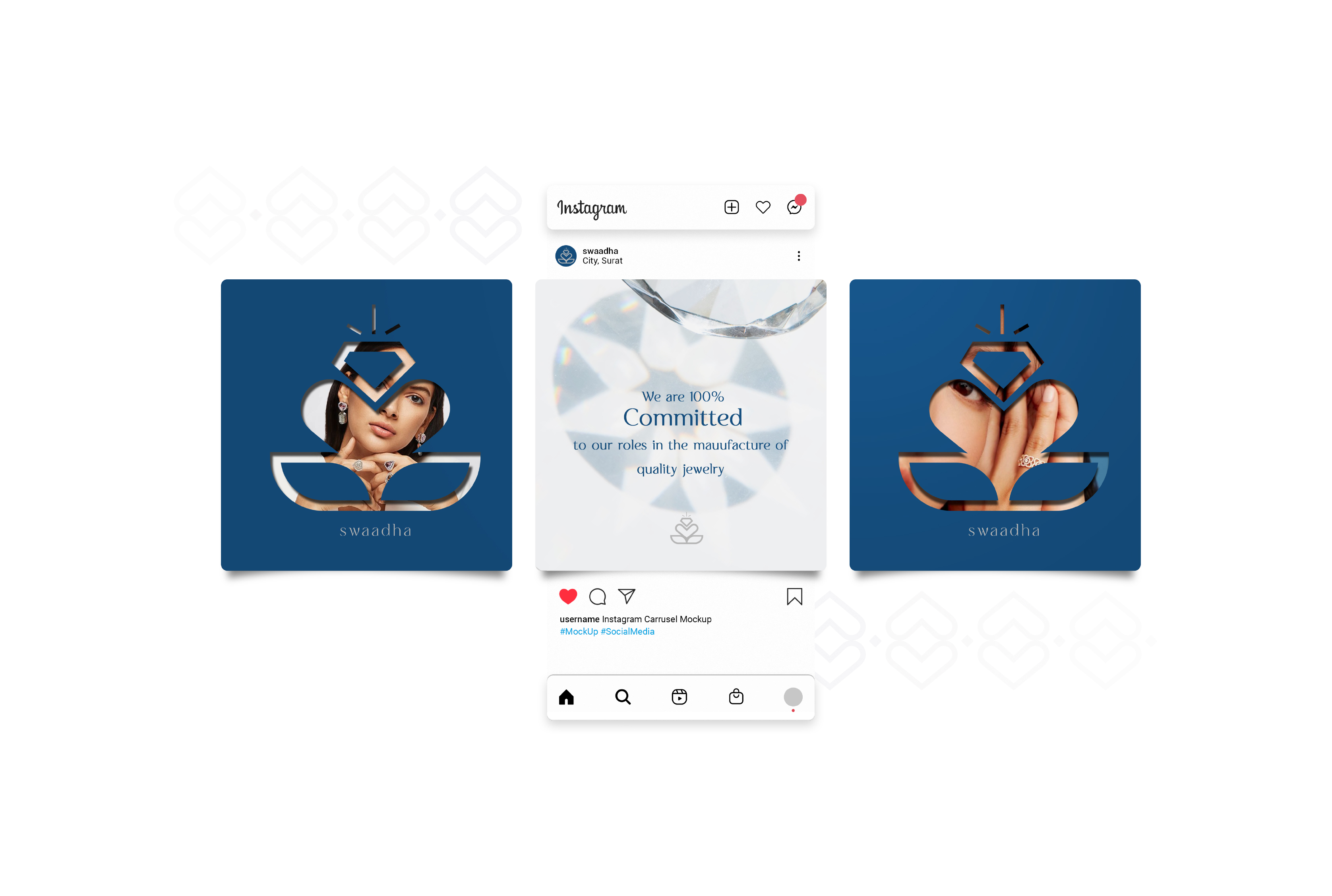 Swaadha Instagram carousel mockups with navy frames and mobile interface