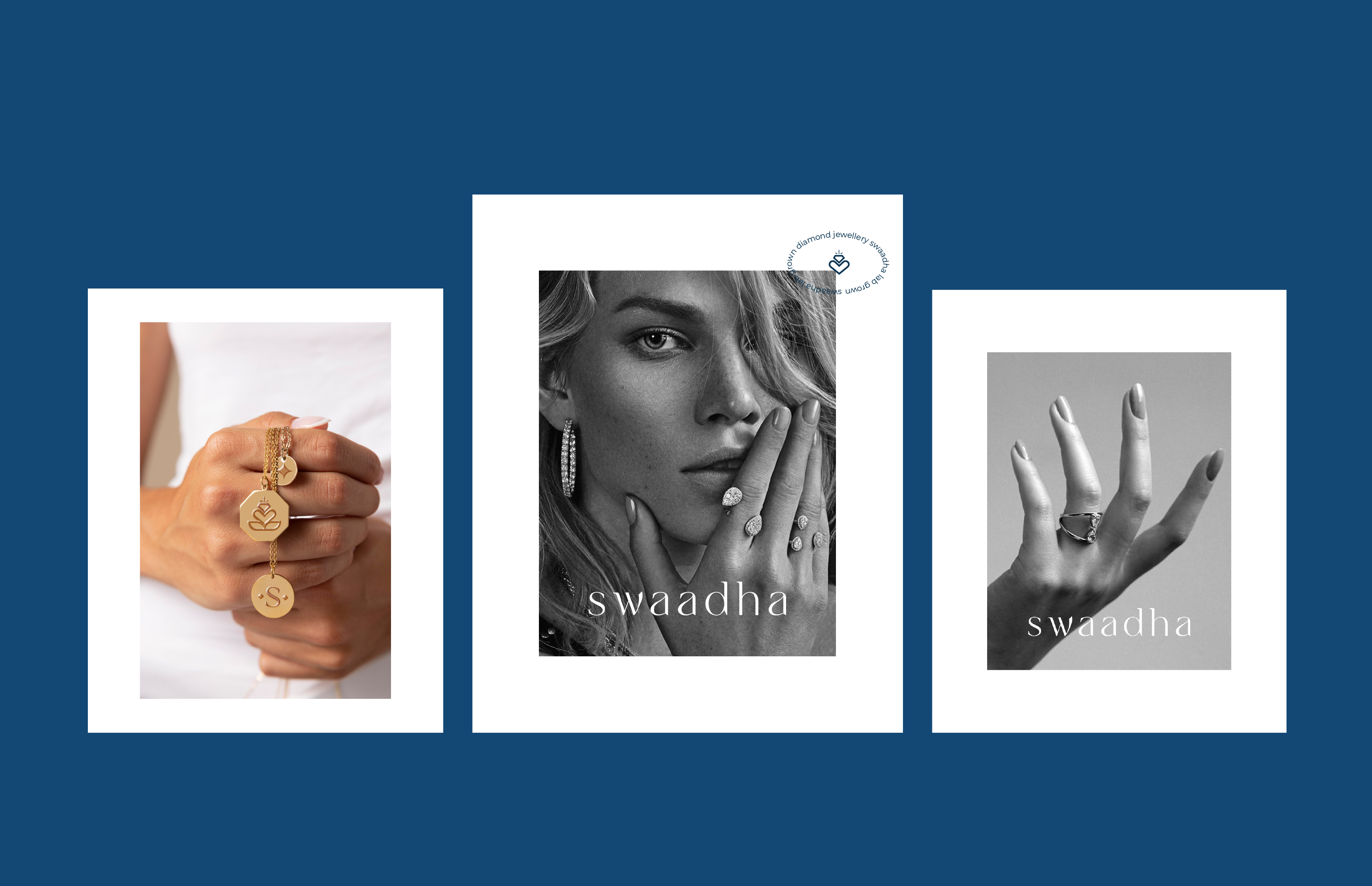 Swaadha three-panel campaign — gold pendants, portrait with jewellery, and ring detail