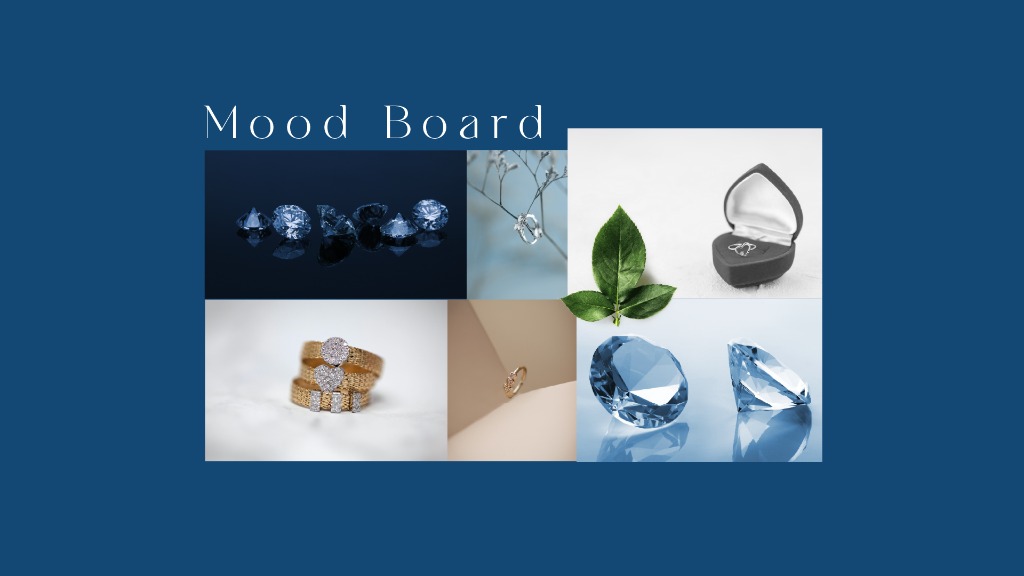 Swaadha mood board — diamonds, gold rings, leaves, ring boxes, and blue gemstones